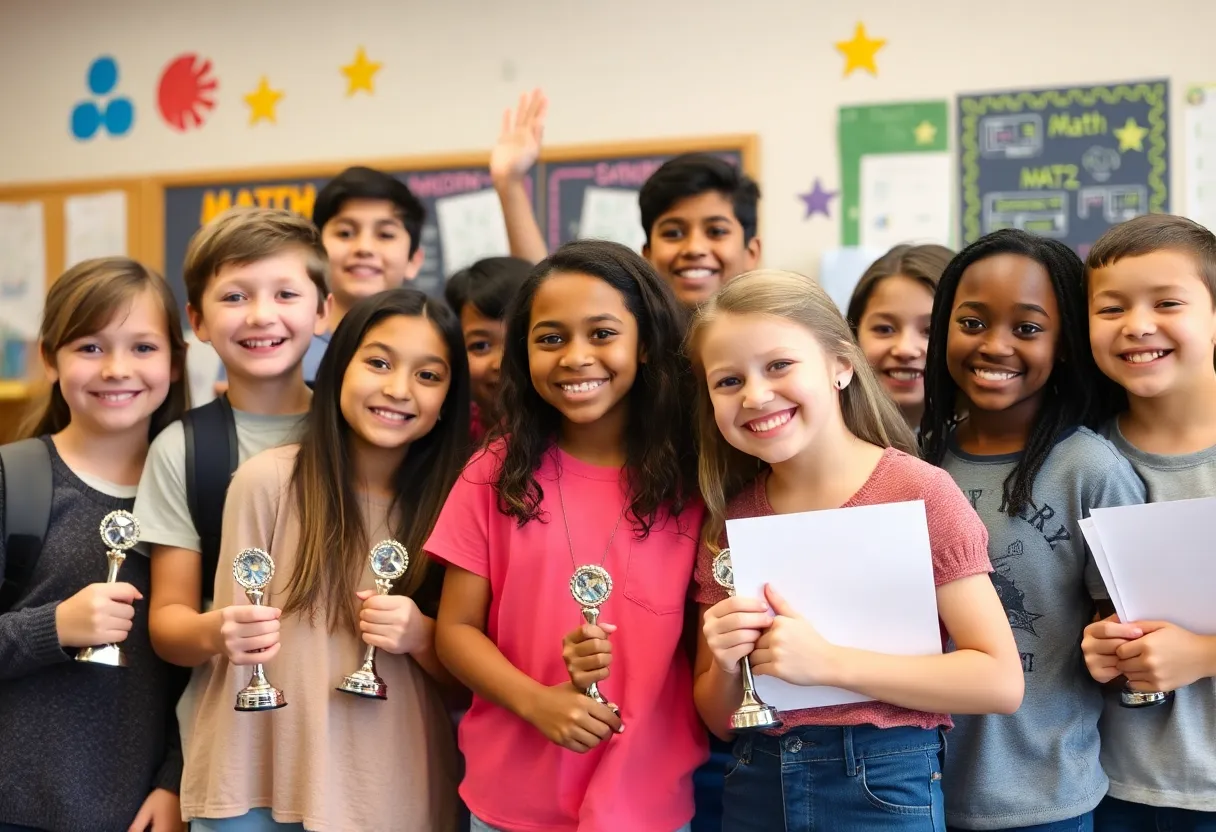 Students celebrating their math competition achievements