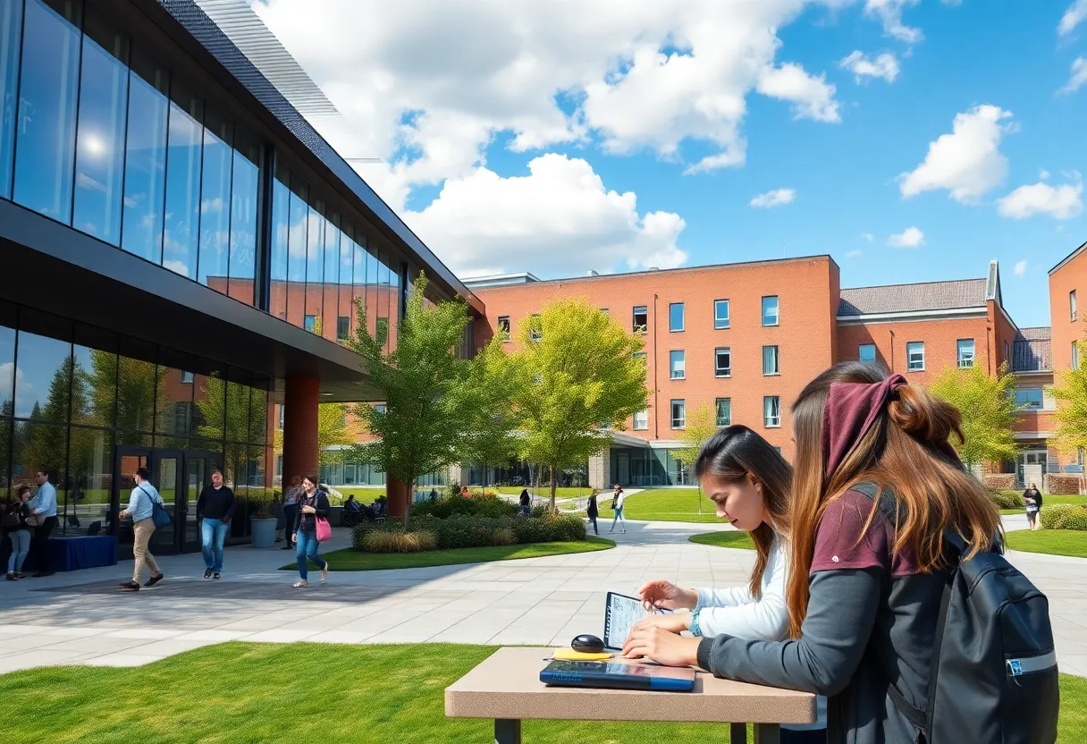 A modern university campus showcasing STEM facilities and students.