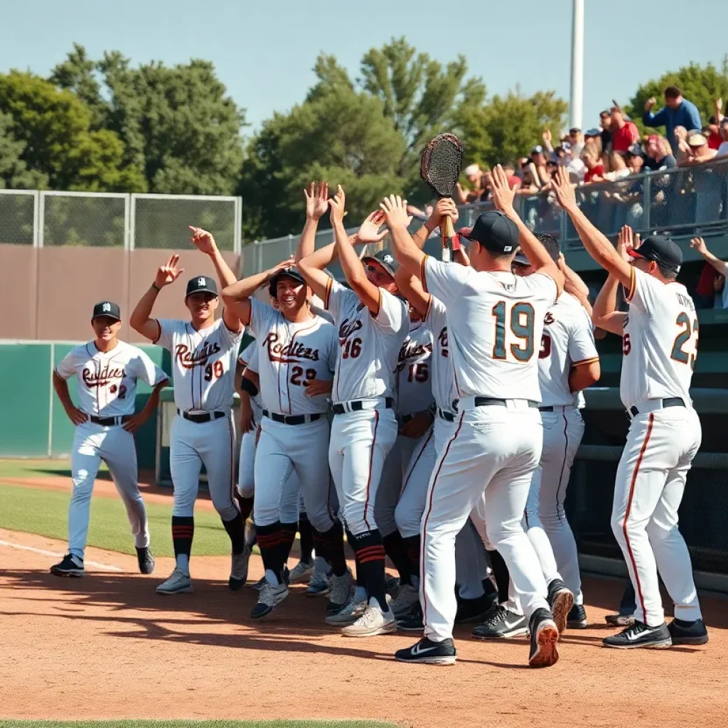 Mississippi State baseball team celebrating a victory on the field.