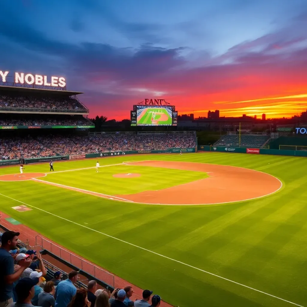 Fans cheering at Dudy Noble Field during a baseball game.