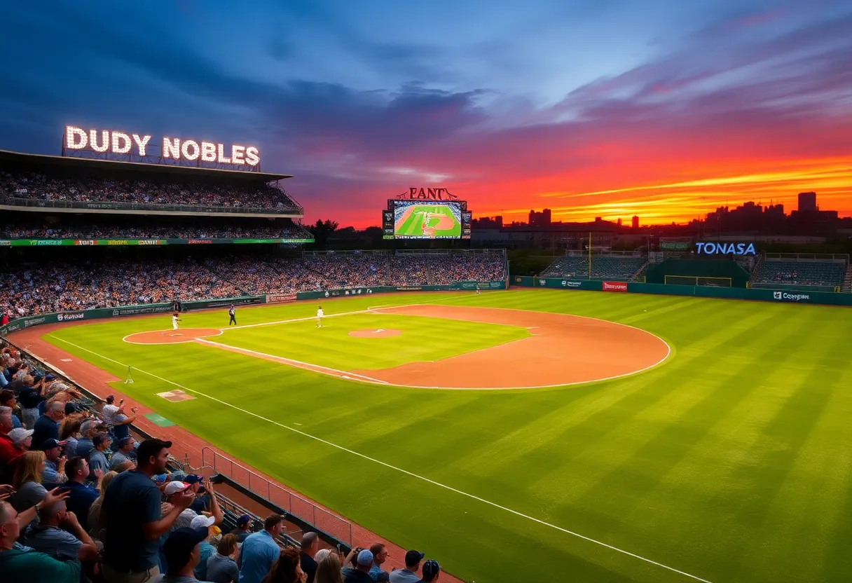 Fans cheering at Dudy Noble Field during a baseball game.