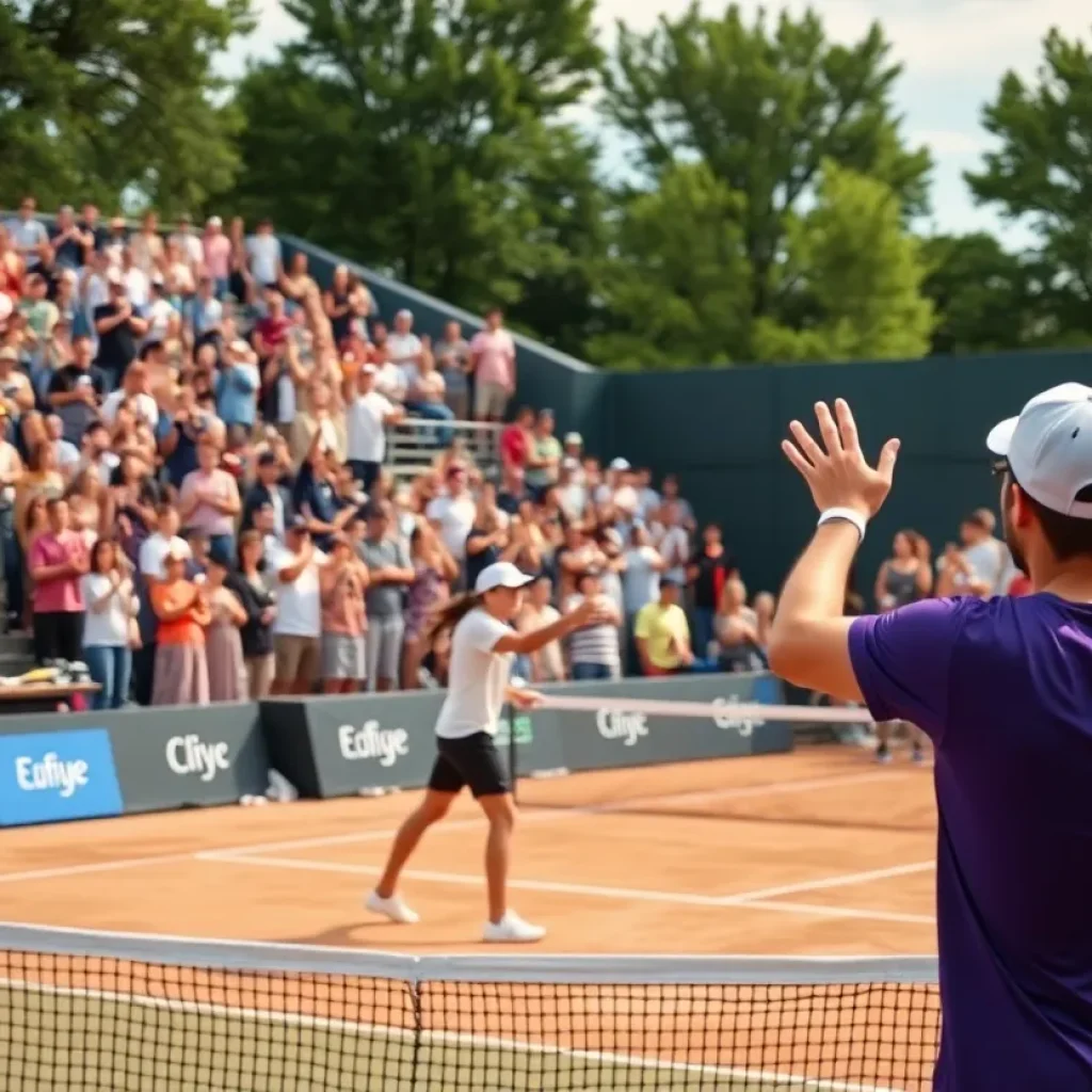 Players competing in a Mississippi State women's tennis match with fans cheering in the background.