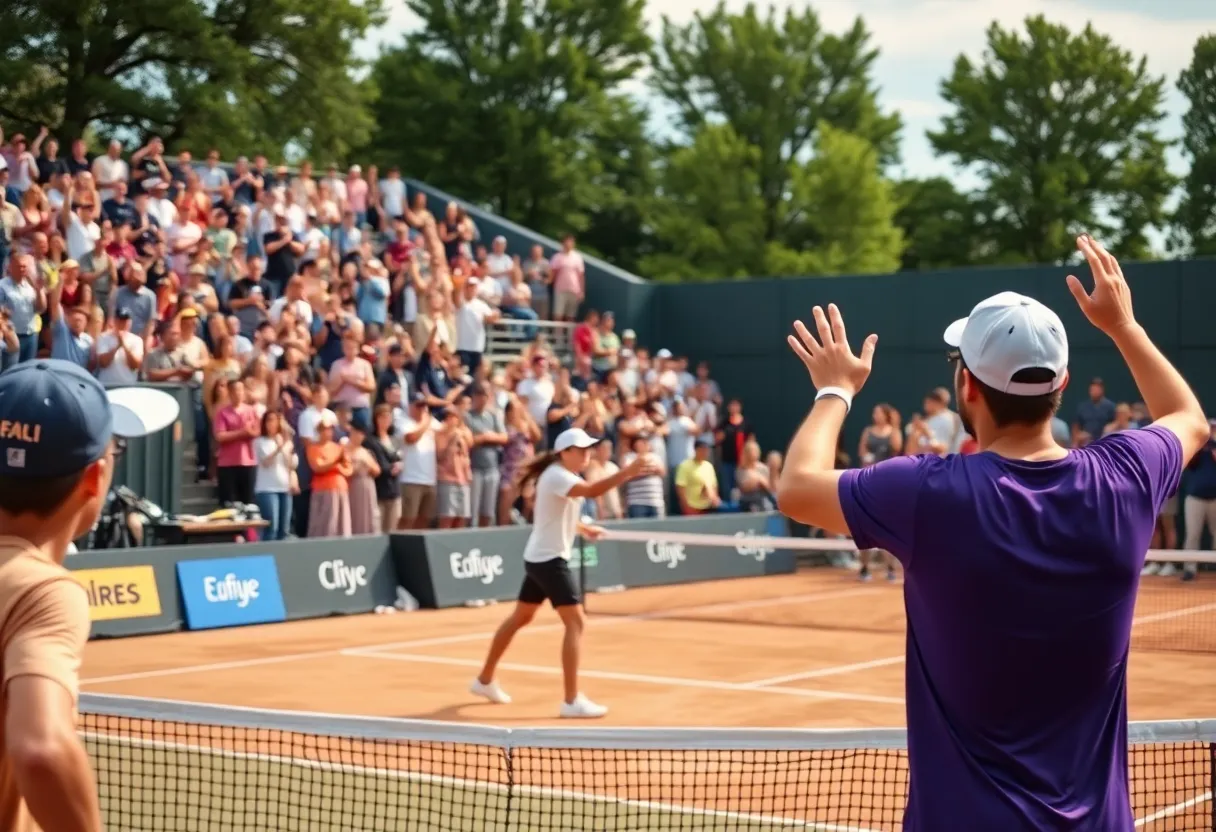 Players competing in a Mississippi State women's tennis match with fans cheering in the background.