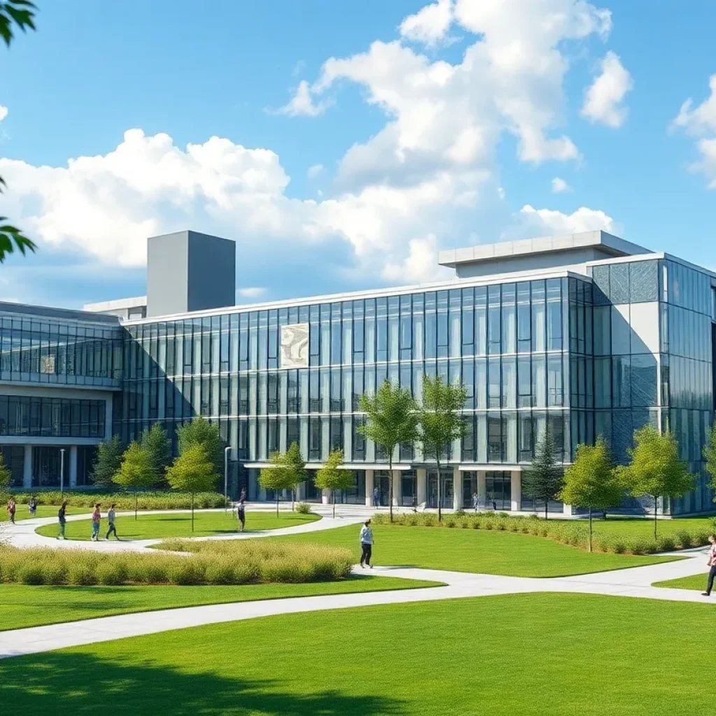 Illustration of a modern educational campus for students.