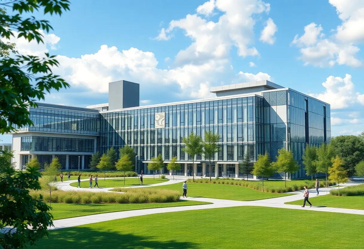 Illustration of a modern educational campus for students.