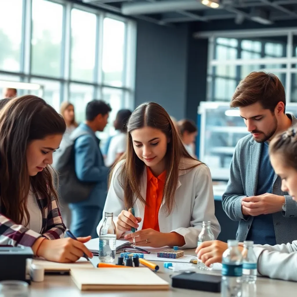Students collaborating on STEM projects on a university campus