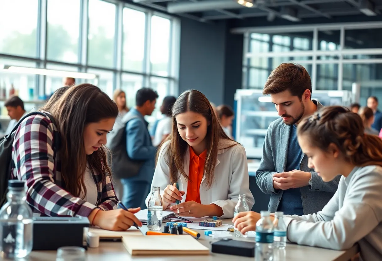 Students collaborating on STEM projects on a university campus