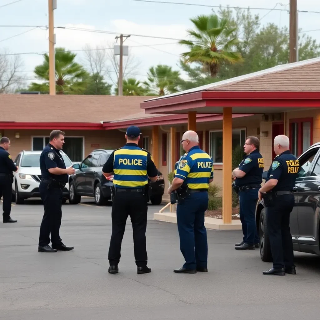 Police officers at a motel scene following a shooting incident.