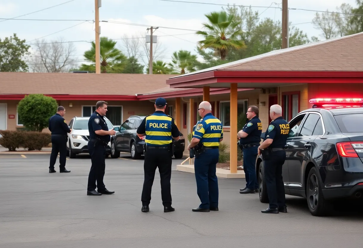 Police officers at a motel scene following a shooting incident.