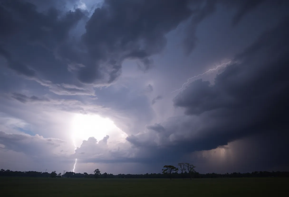 Dramatic storm clouds and lightning over Mississippi landscape