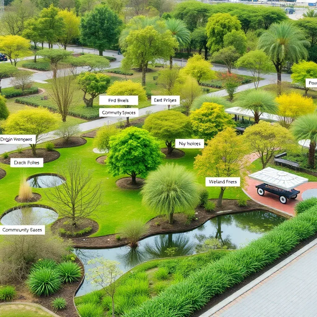 Conceptual design of arboretum with trees and wetlands