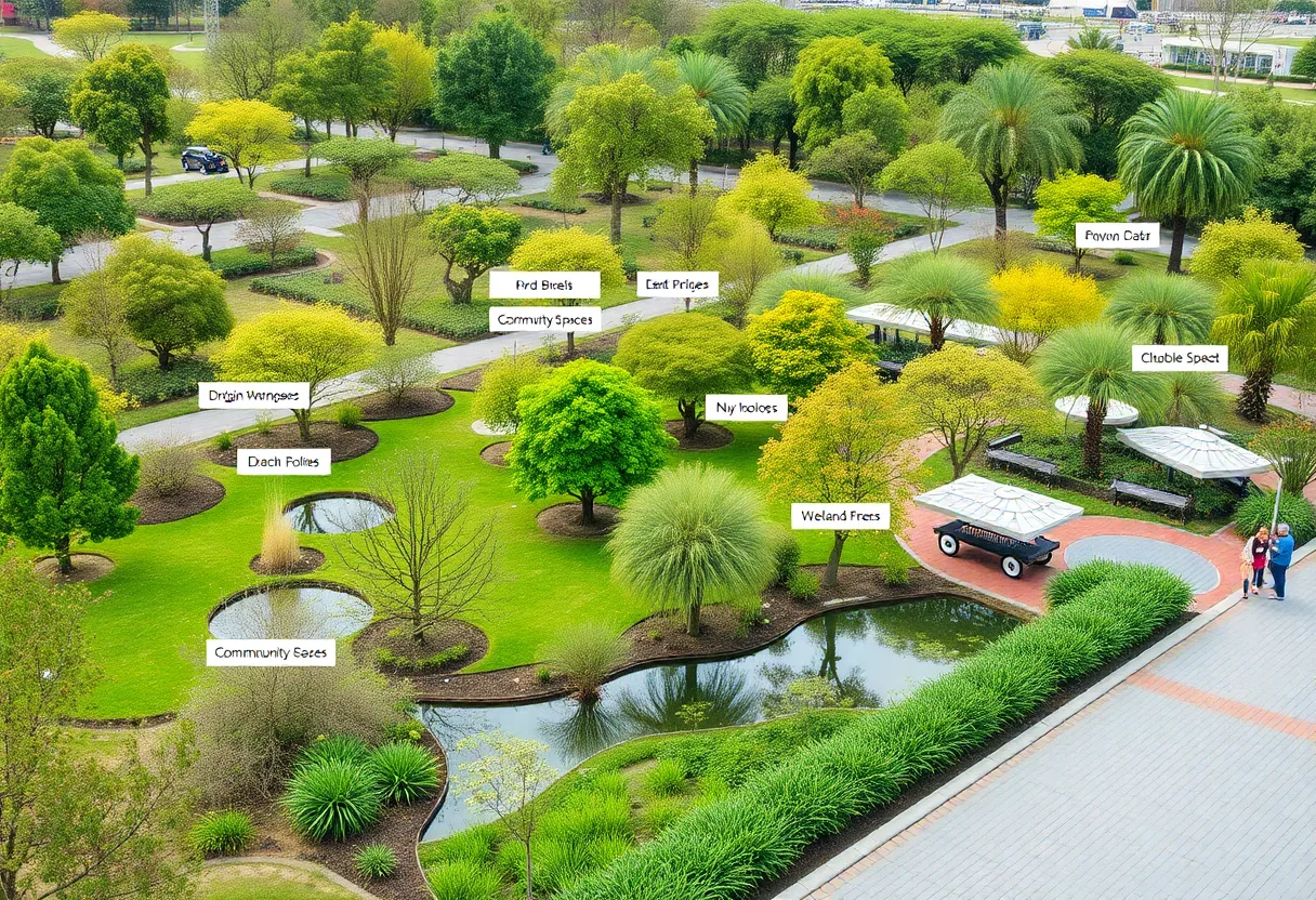 Conceptual design of arboretum with trees and wetlands