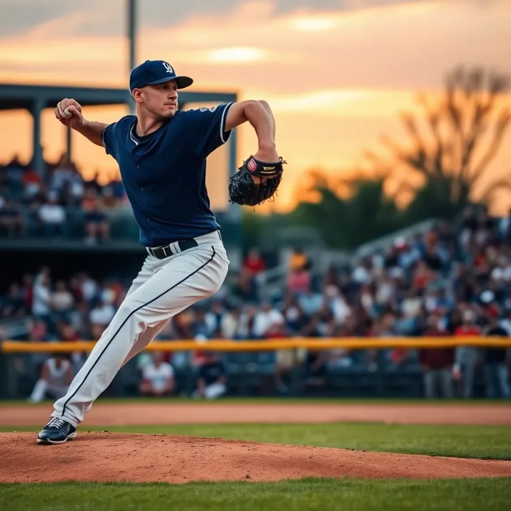 Pitcher on the mound during a baseball game at sunset