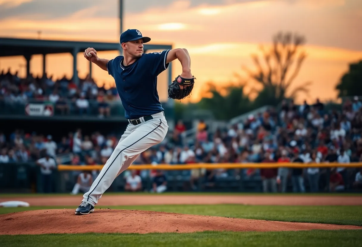 Pitcher on the mound during a baseball game at sunset