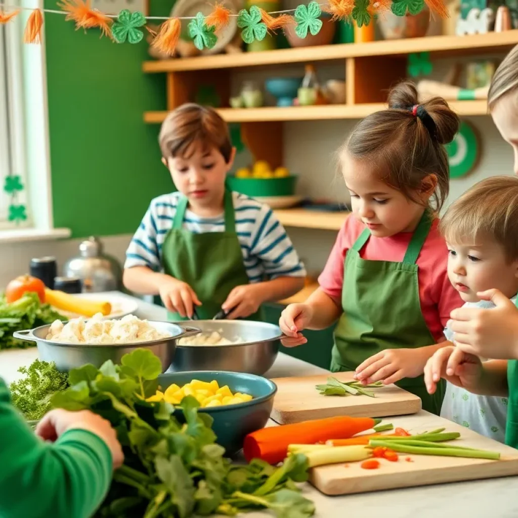 Children cooking in a classroom setting with St. Patrick's Day decor.