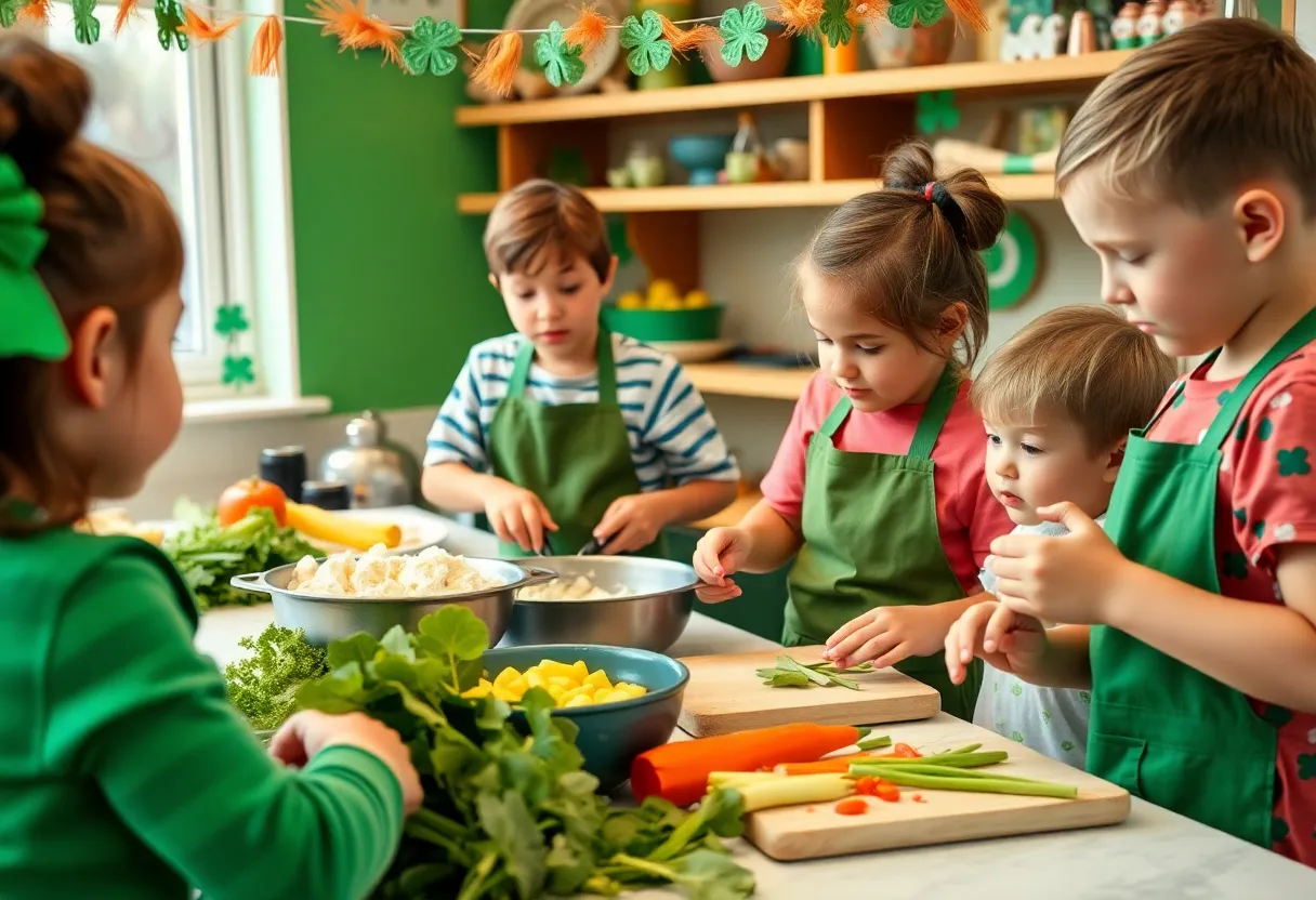 Children cooking in a classroom setting with St. Patrick's Day decor.