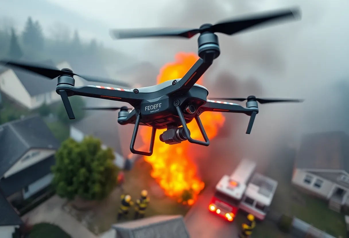 Drone operated by Starkville Fire Department flying over an emergency scene.