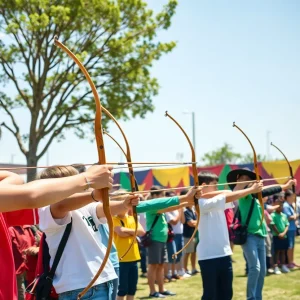 Students competing in an archery event at Starkville High School