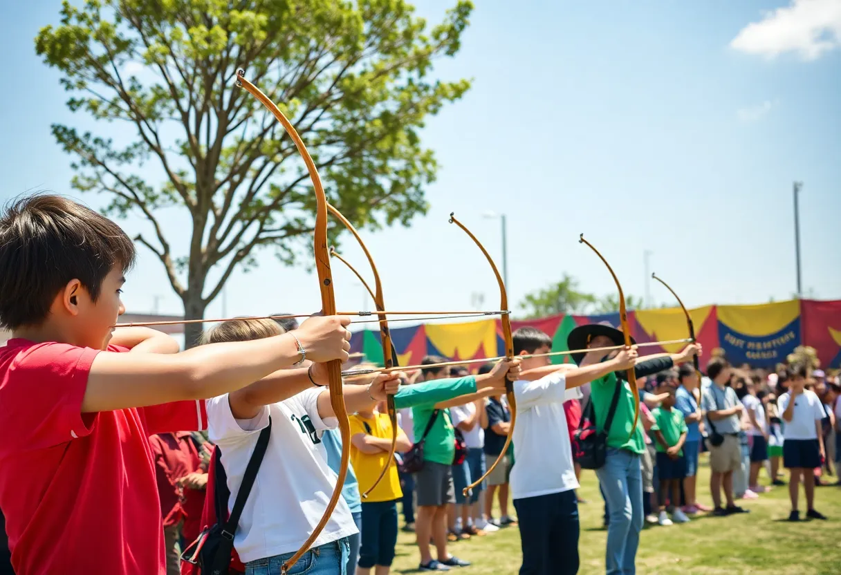 Students competing in an archery event at Starkville High School