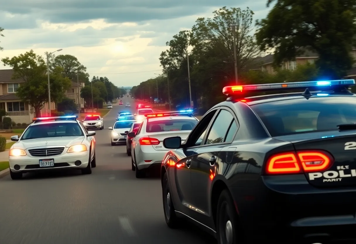 Police cars pursuing a stolen vehicle in a suburban area
