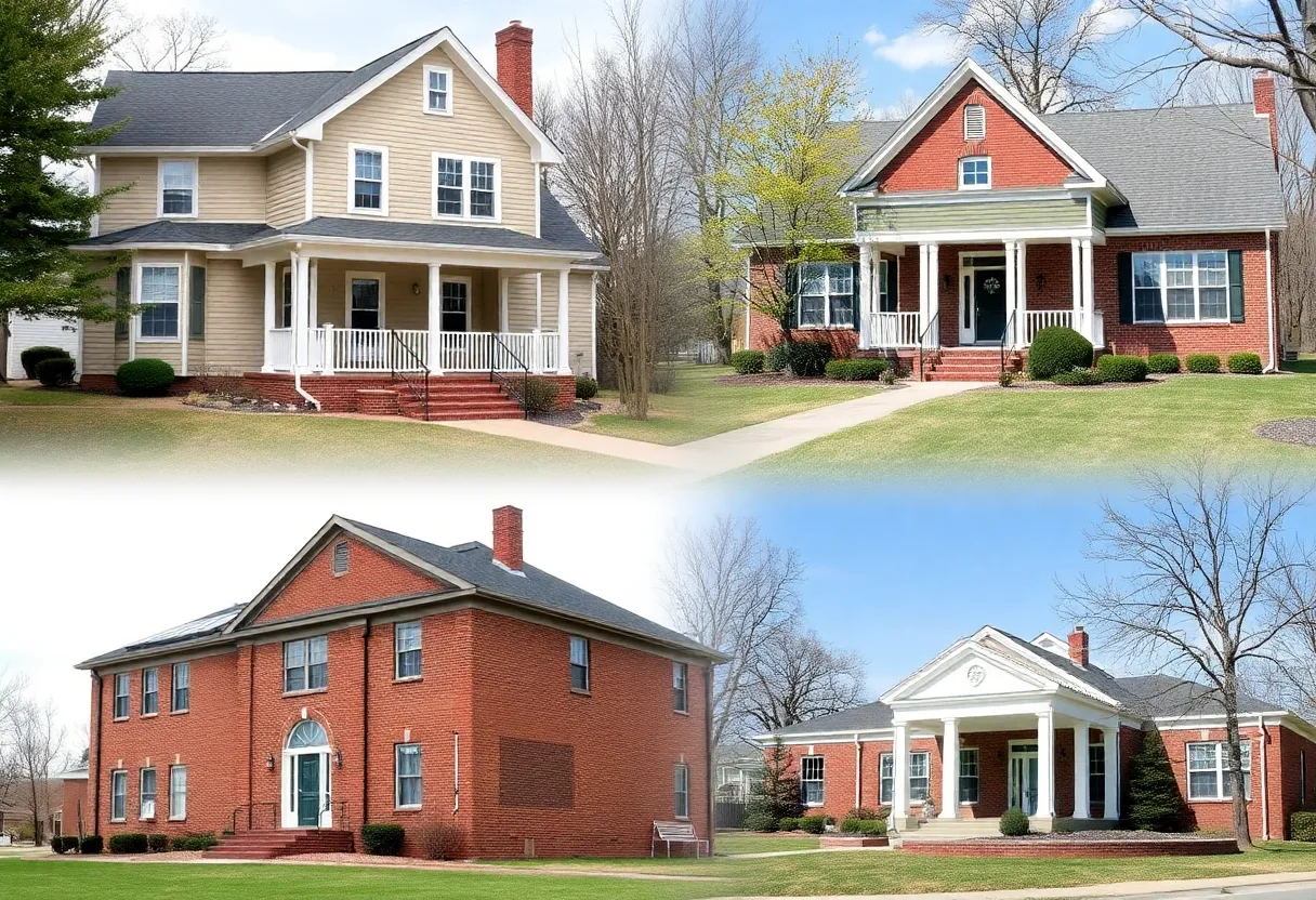 Starkville homes with a school building in the background, highlighting property tax issues.