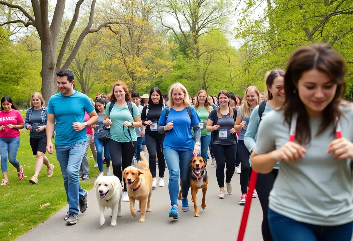 Participants in the Starkville Stride Challenge walking with dogs and fitness trackers in a park.