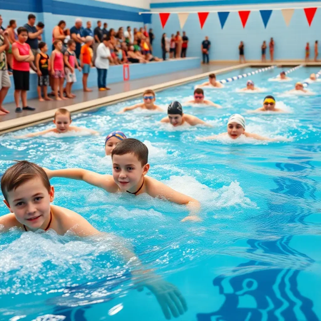 Swimmers competing in a relay at the Starkville Swim Team fundraiser
