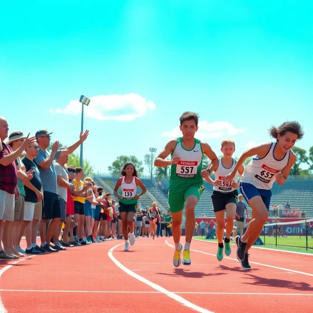 Community cheering for local champion at a heptathlon event