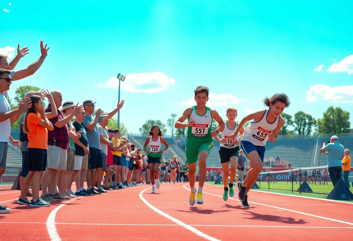 Community cheering for local champion at a heptathlon event