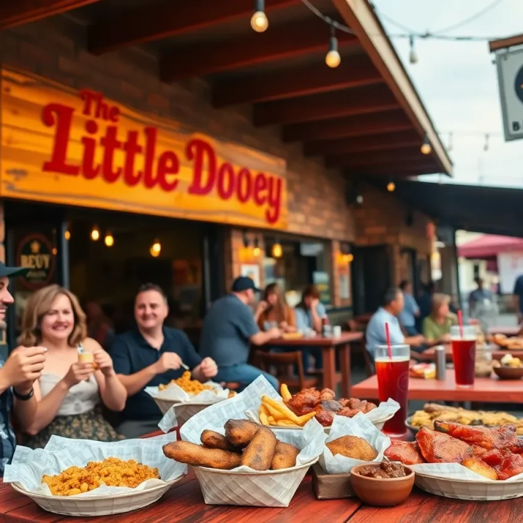 Outdoor view of The Little Dooey barbecue restaurant filled with customers enjoying food.