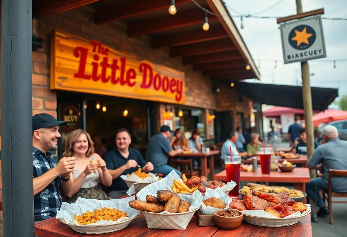 Outdoor view of The Little Dooey barbecue restaurant filled with customers enjoying food.