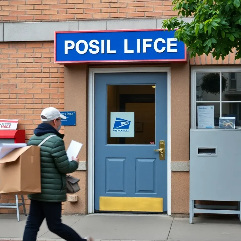 Postal workers delivering mail in a community setting.