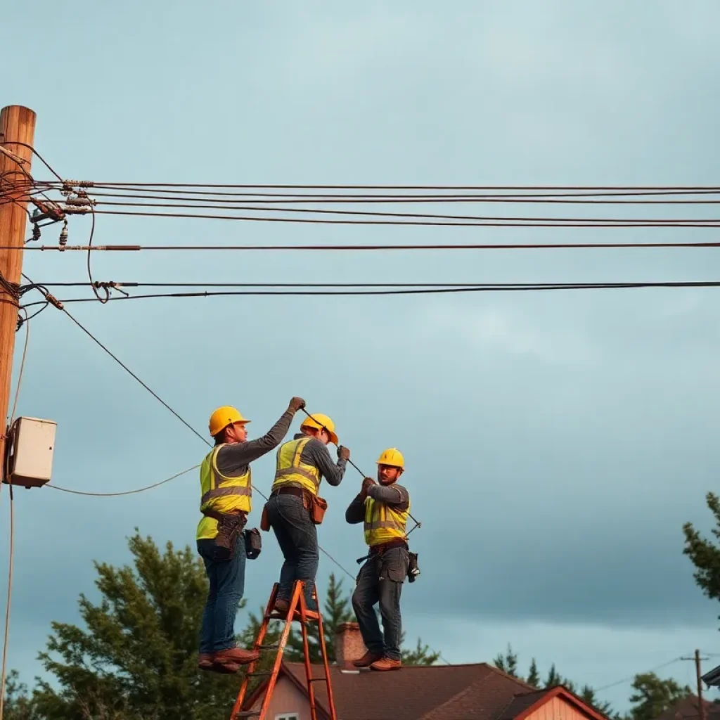 Utility workers repairing power lines after a storm