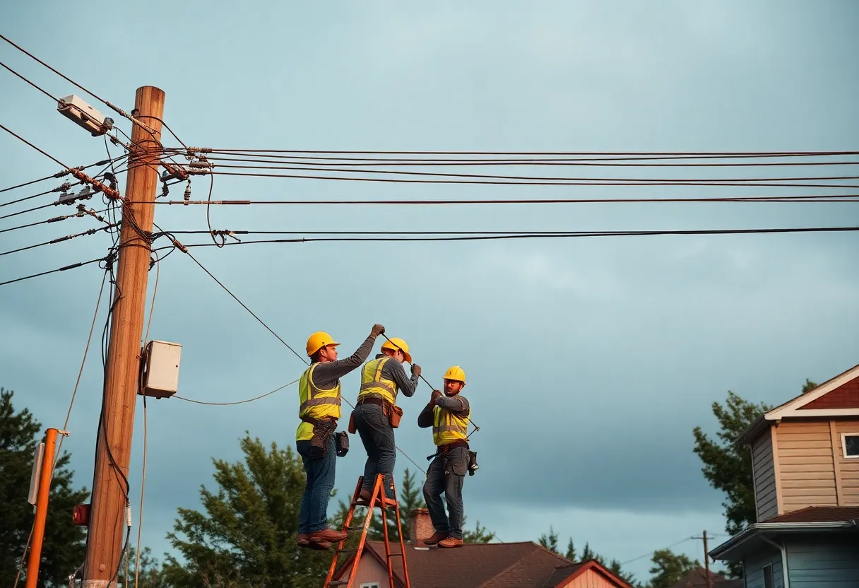 Utility workers repairing power lines after a storm