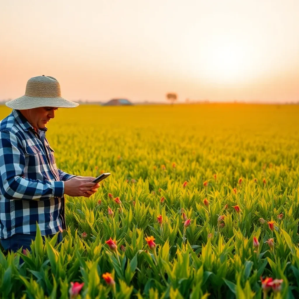Farmers utilizing AI technology in a field