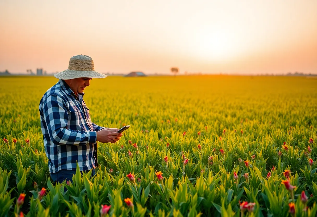 Farmers utilizing AI technology in a field