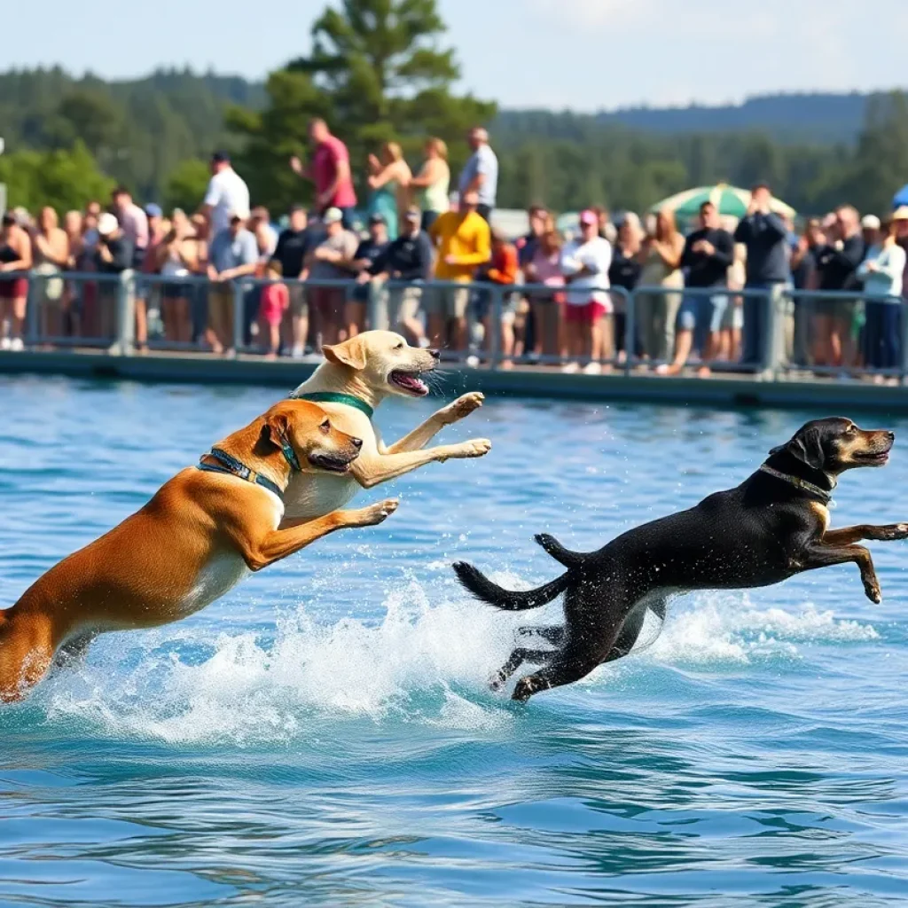 Dogs leaping off the dock into the water during the AKC Diving Dogs competition.