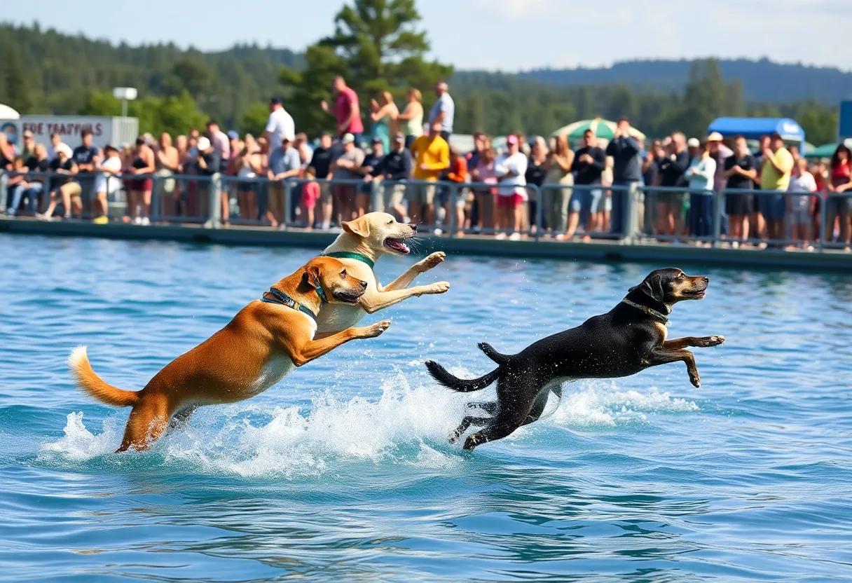 Dogs leaping off the dock into the water during the AKC Diving Dogs competition.
