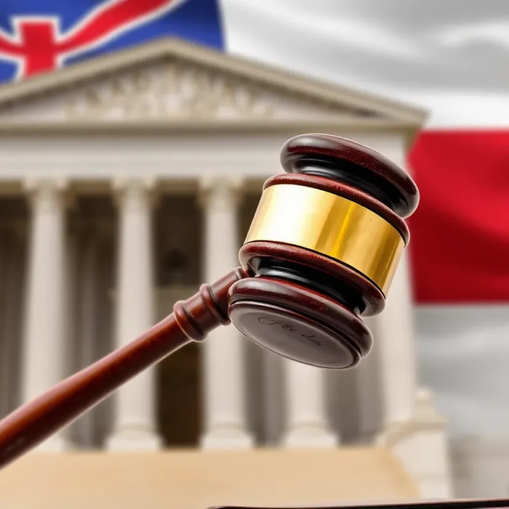 Gavel in front of Alabama courthouse symbolizing abortion rights ruling