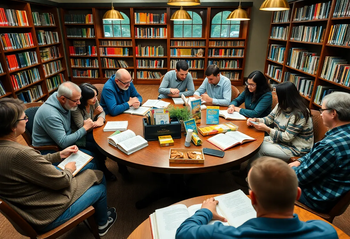 Attendees enjoying a lively discussion in a library setting