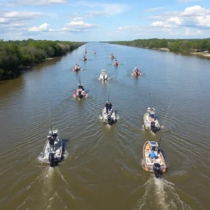 Anglers competing in the Bassmaster Tournament on the Tombigbee River in Columbus, Mississippi