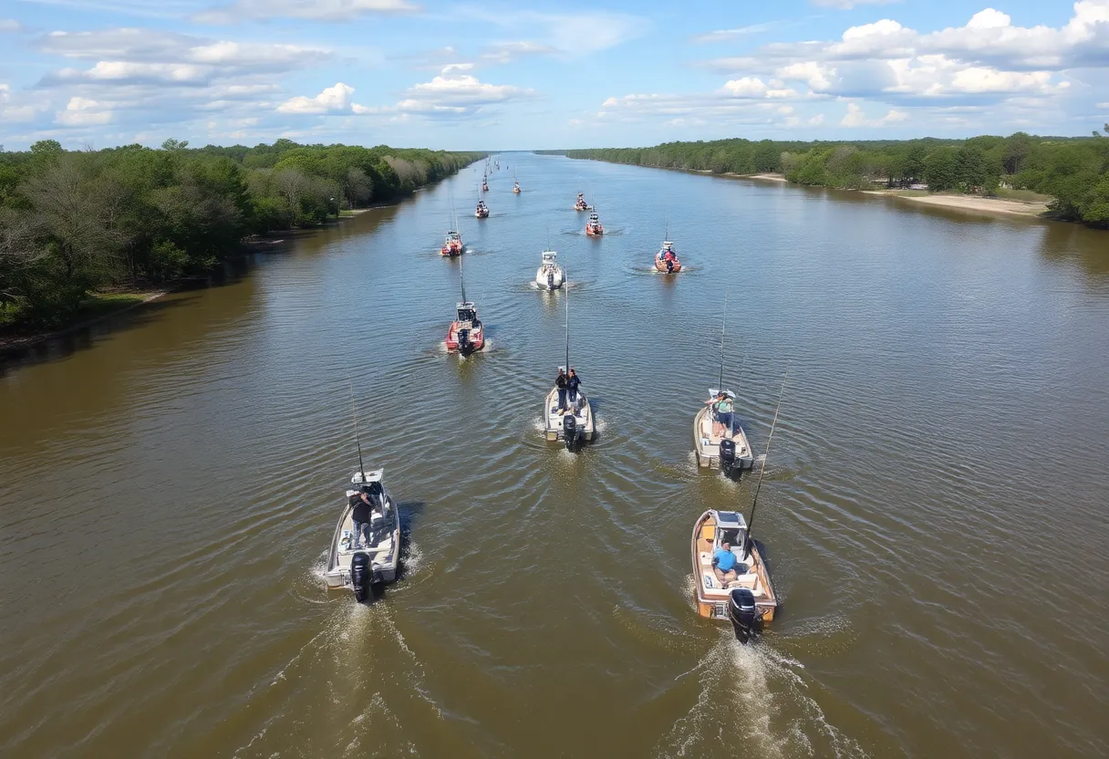 Anglers competing in the Bassmaster Tournament on the Tombigbee River in Columbus, Mississippi