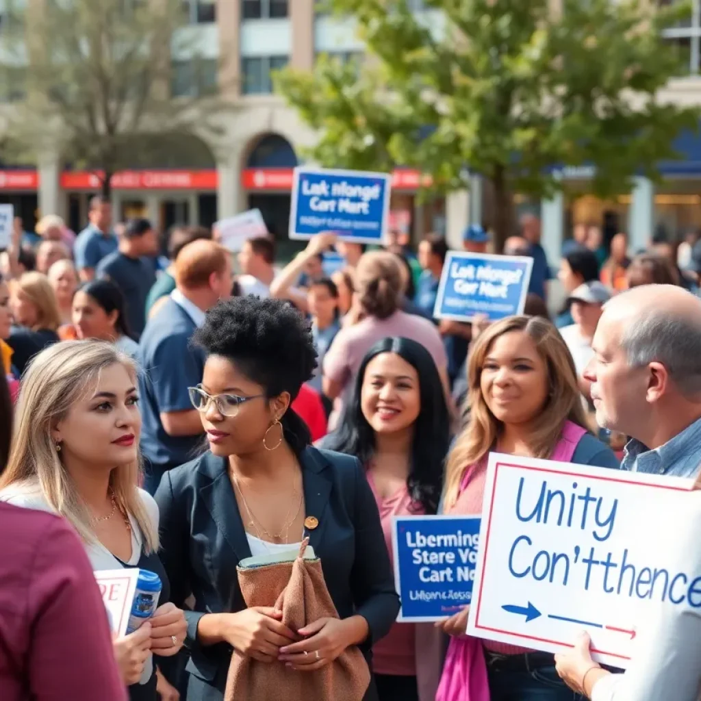 Community gathering at Leadership Plaza for Bill Strauss's mayoral announcement.