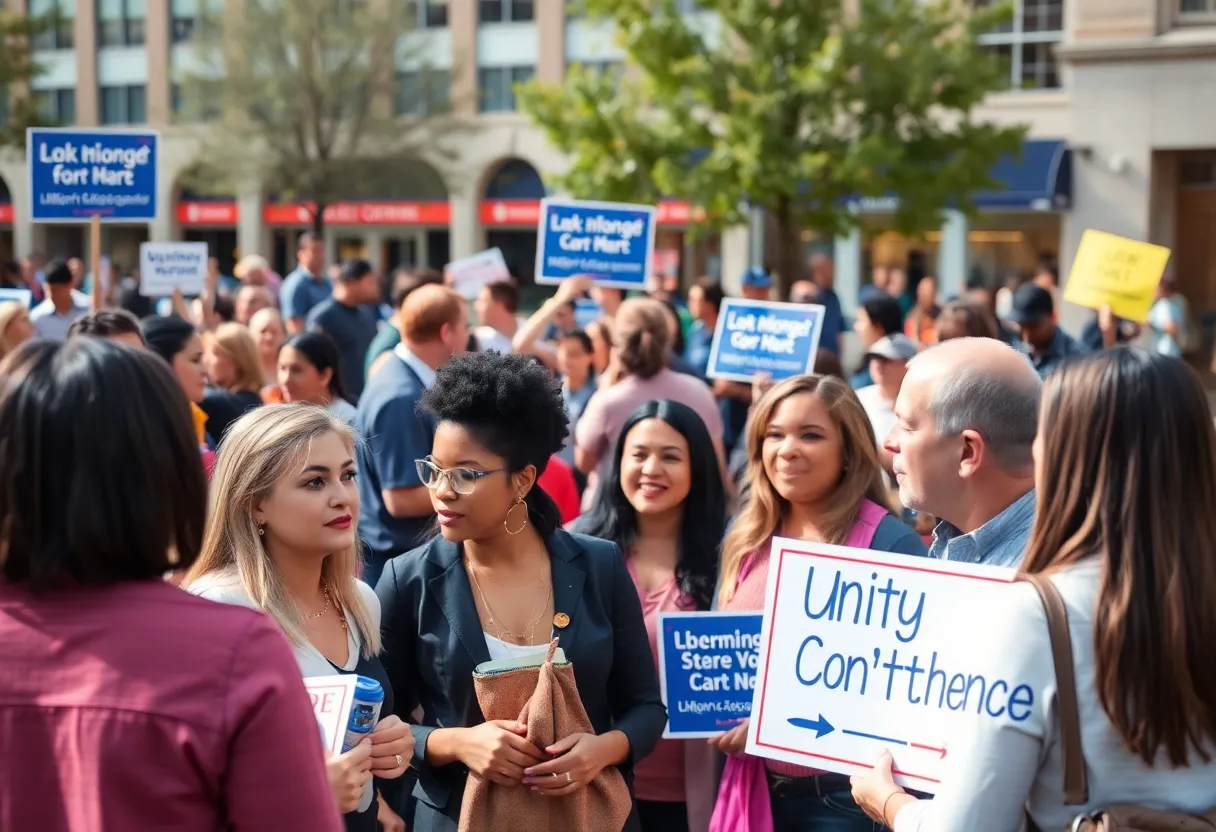 Community gathering at Leadership Plaza for Bill Strauss's mayoral announcement.