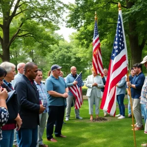 Community members participating in an American Flag retirement ceremony organized by Boy Scouts.