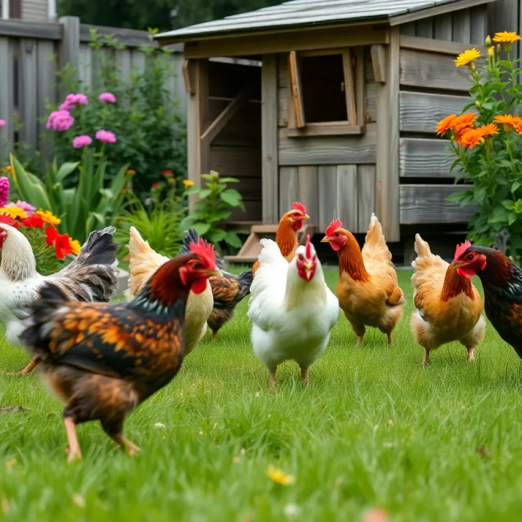 A flock of chickens in a vibrant backyard with flowers and a chicken coop.
