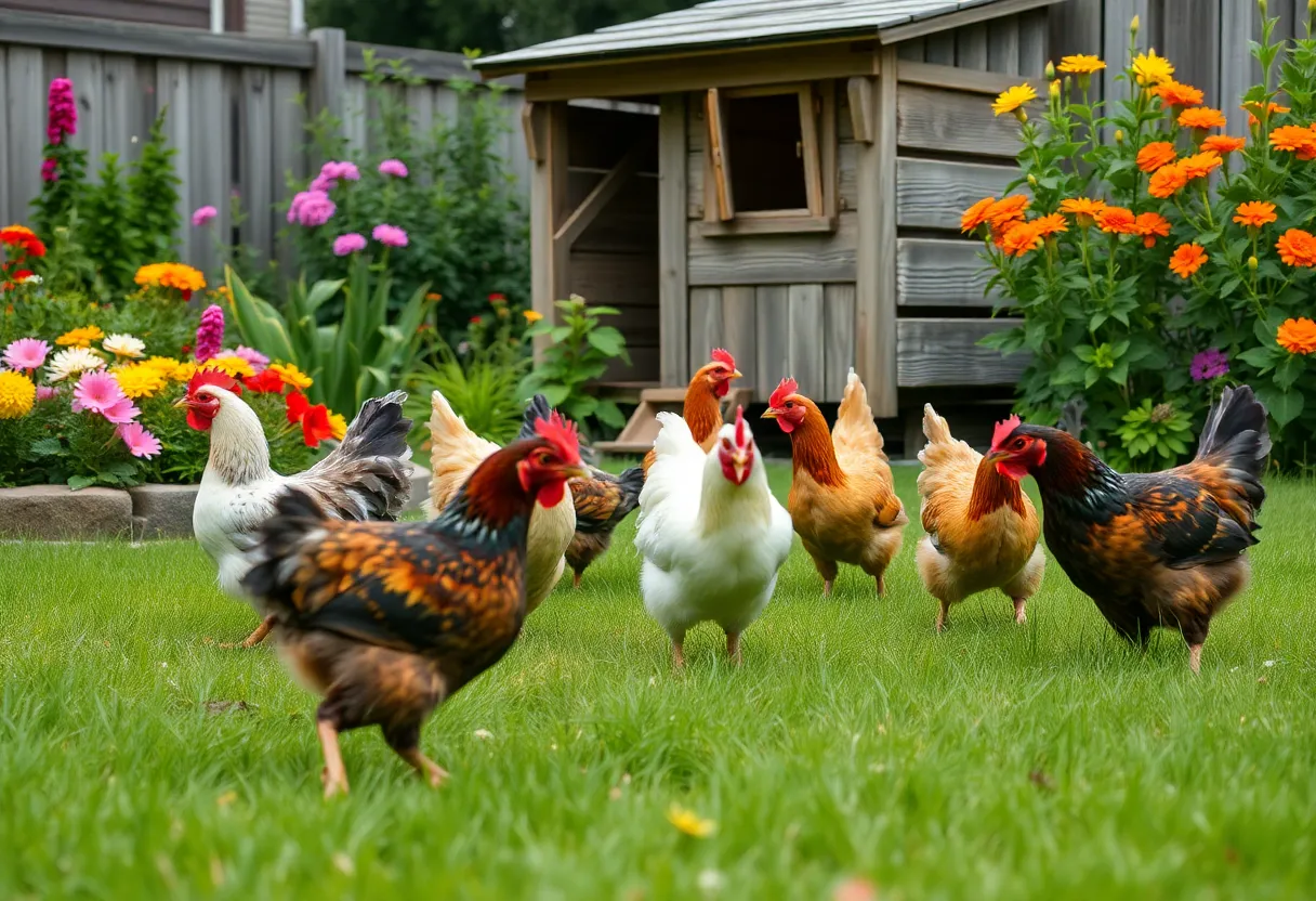 A flock of chickens in a vibrant backyard with flowers and a chicken coop.