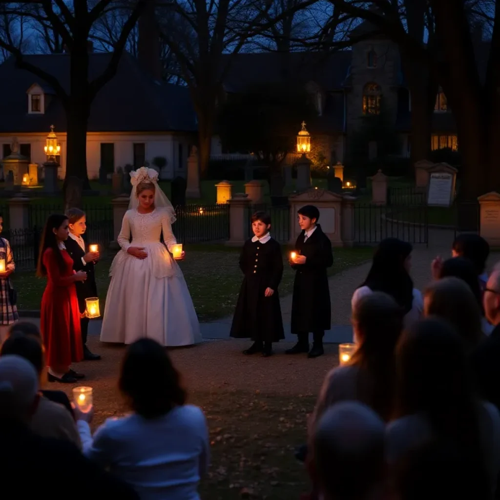 Students perform as historical figures in Friendship Cemetery at night