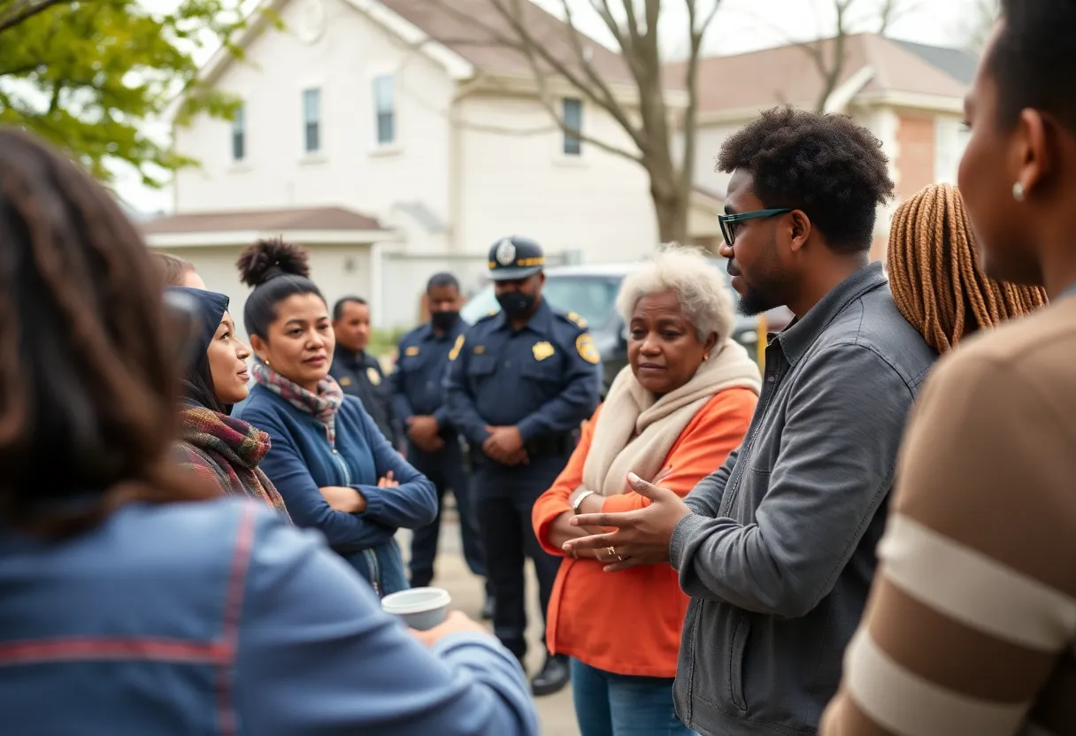 Community members discussing crime issues at a meeting.