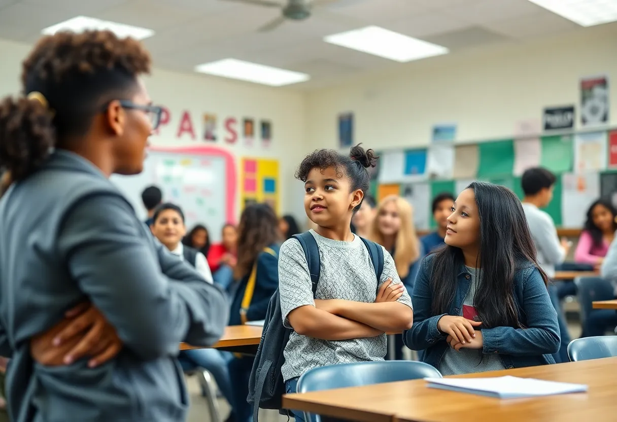 Students discussing local politics in a classroom